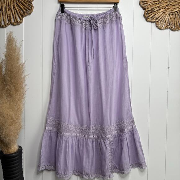 Free People maxi skirt floral lace pleated sheer tiered ruffle Large - Picture 3 of 8